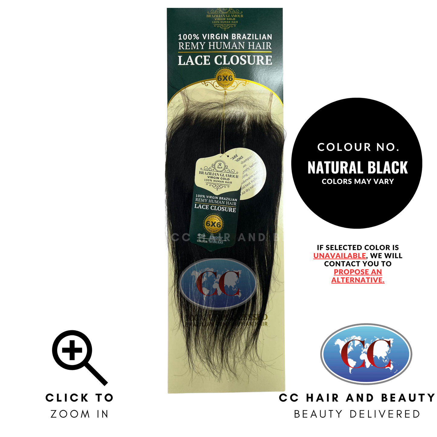 Brazilian Glamour Virgin Brazilian Remy Human Hair Lace Closure 6x6 Straight 12" - NATURAL BLACK
