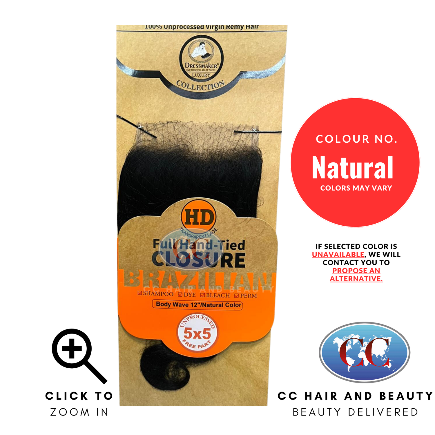 Dressmaker Premium 5x5 Full Hand-Tied Brazilian Free Part Closure Body Wave Natural Color-size 12''
