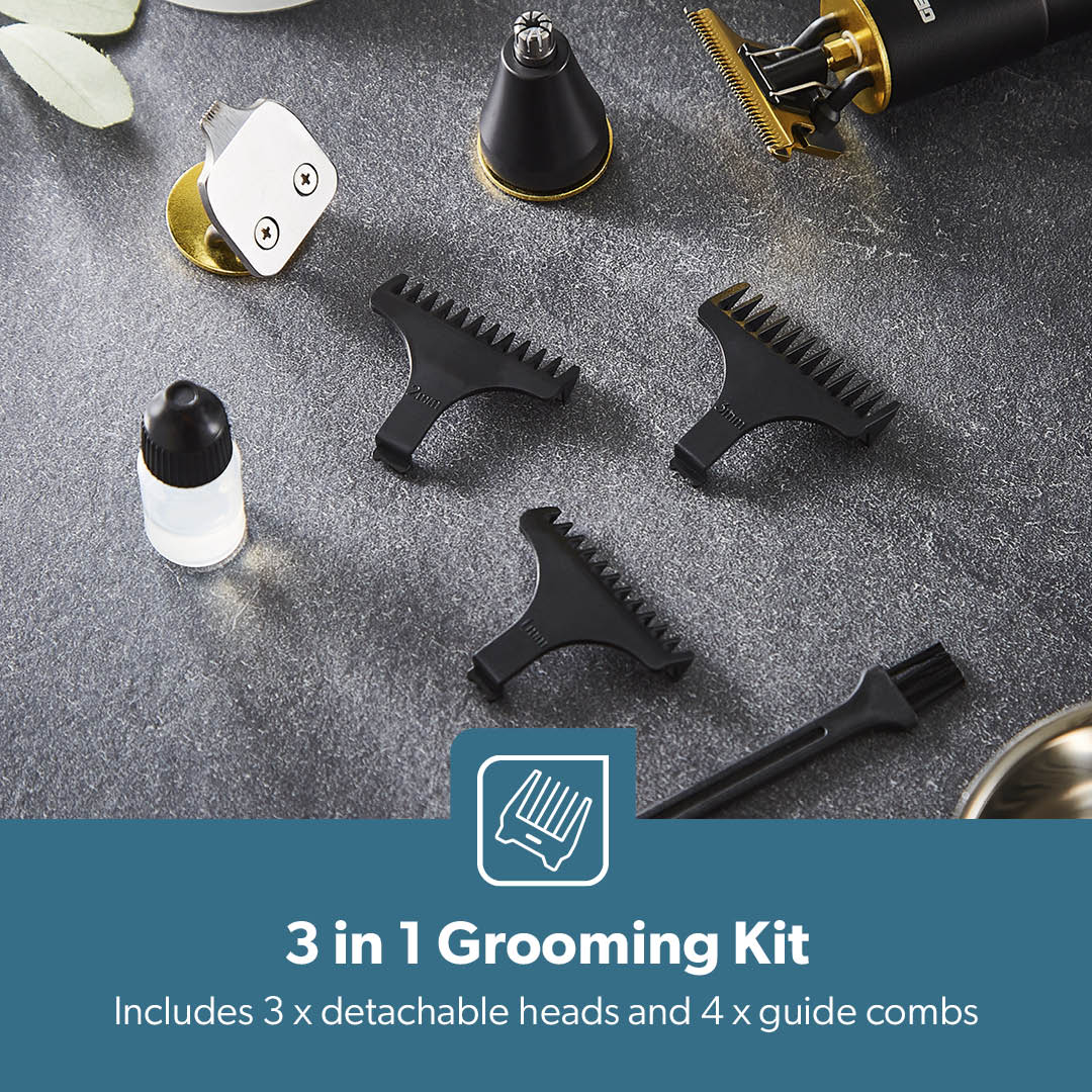 Geepas 3-In-1 Black and Gold Prestige Rechargeable Shaver