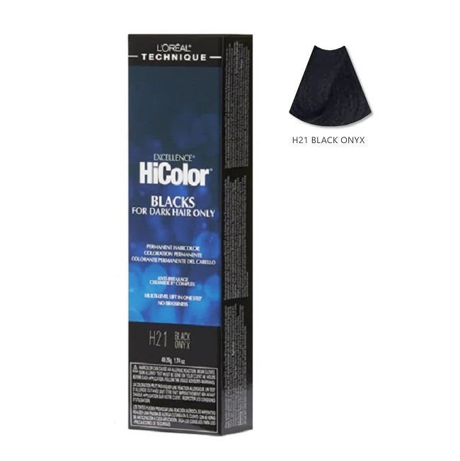 L'Oreal HiColor hair color box for dark hair with a sample of H21 Black Onyx color swatch.