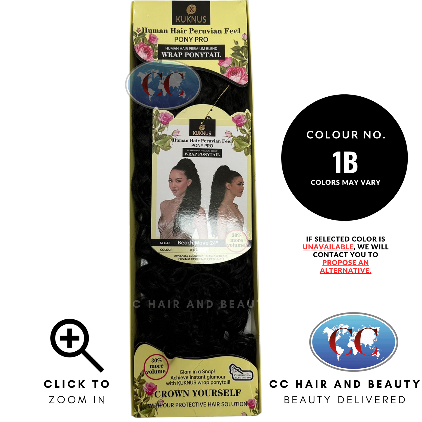 Kuknus Human Hair Peruvian Pony Pro Wrap Ponytail - Beach Wave 24" - 1B