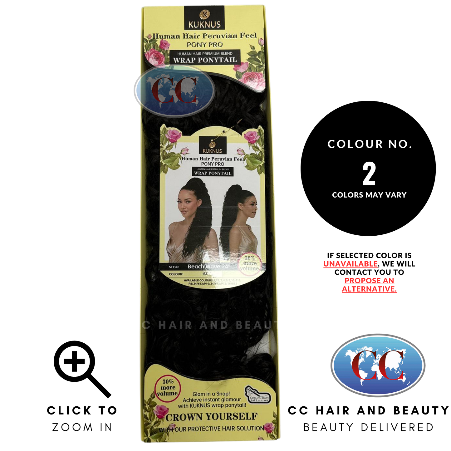 Kuknus Human Hair Peruvian Pony Pro Wrap Ponytail - Beach Wave 24" - 2