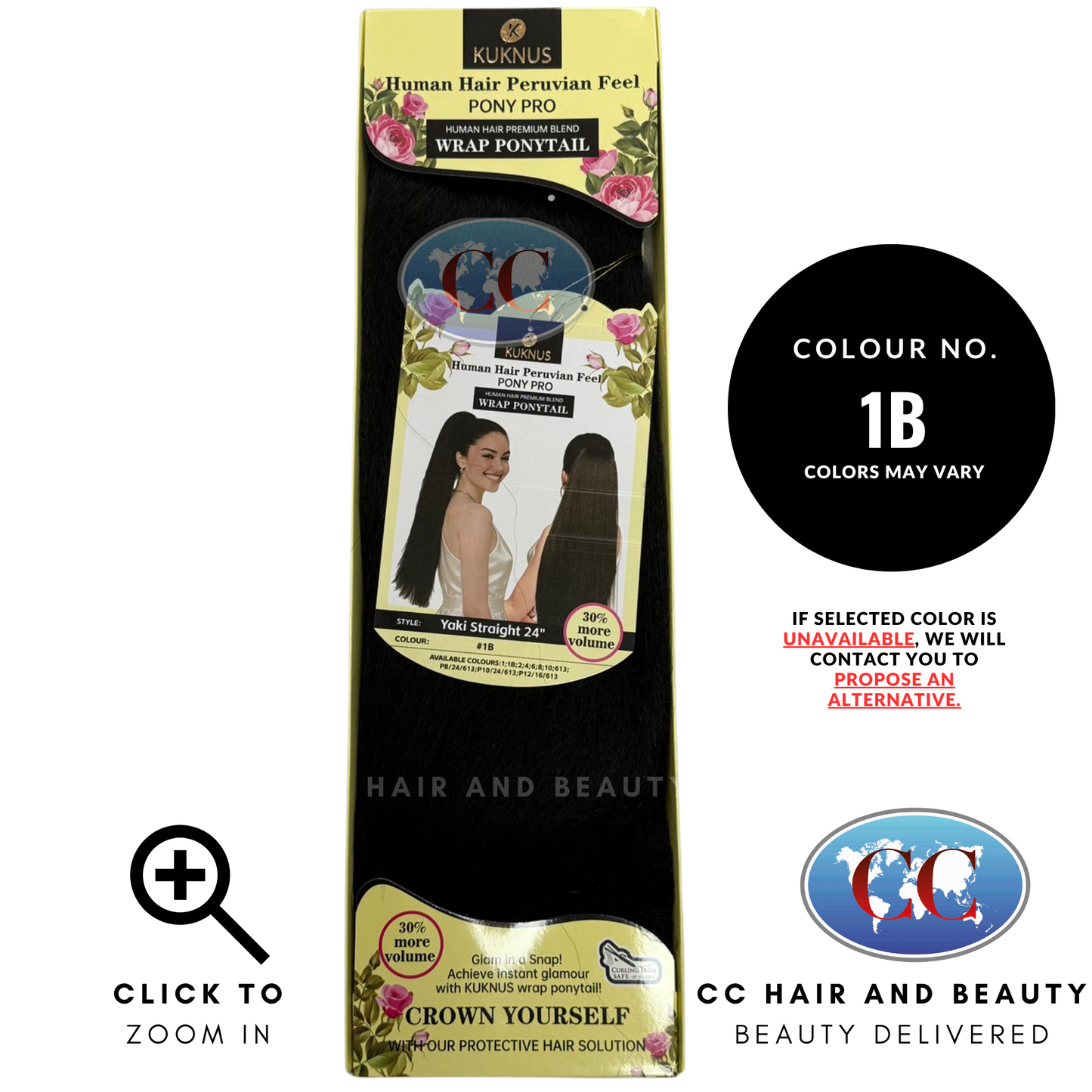 Kuknus Human Hair Peruvian Pony Pro Wrap Ponytail - Yaki Straight 24" - 1B