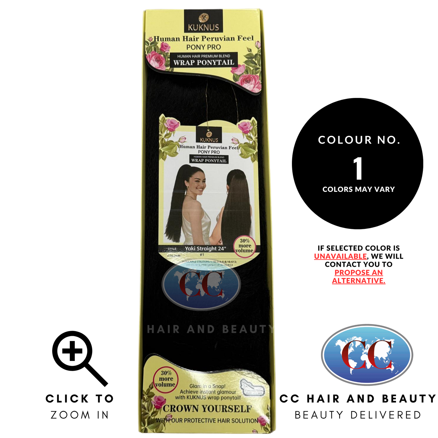 Kuknus Human Hair Peruvian Pony Pro Wrap Ponytail - Yaki Straight 24" - 1