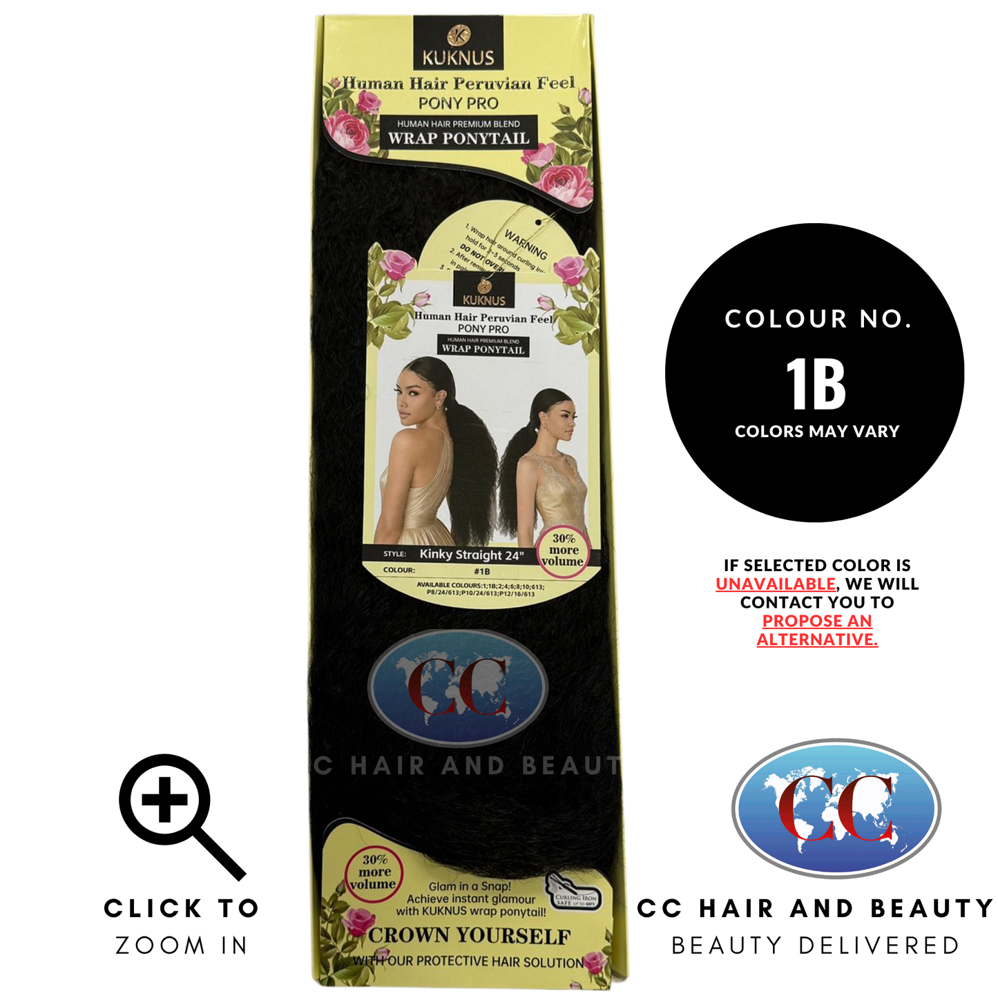Kuknus Human Hair Peruvian Pony Pro Wrap Ponyytail Kinky Straight 24" - 1B