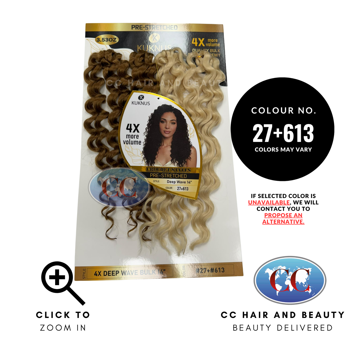 Kuknus Luxurious Pre-Stretched 100% Peruvian Remy Quality - 4X Deep Wave Bulk 14 ' - 27+613