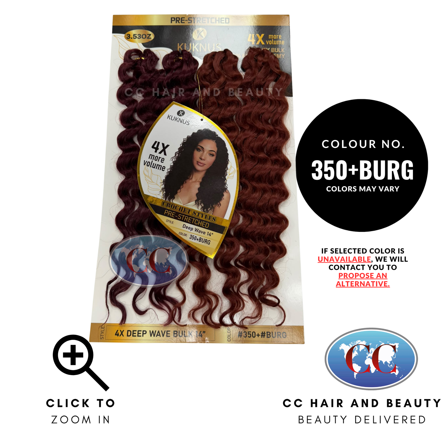 Kuknus Luxurious Pre-Stretched 100% Peruvian Remy Quality - 4X Deep Wave Bulk 14 ' - 350+BURG