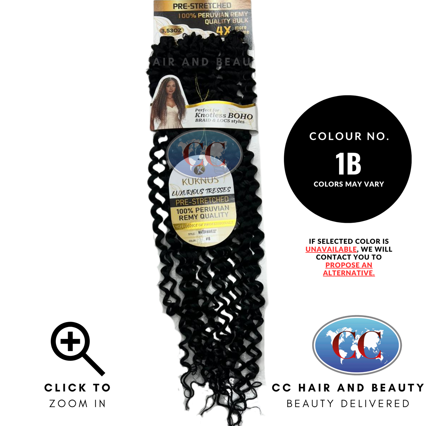 Kuknus Luxurious Pre-Stretched 100% Peruvian Remy Quality - Water Wave Bulk Hair 22"- 1B