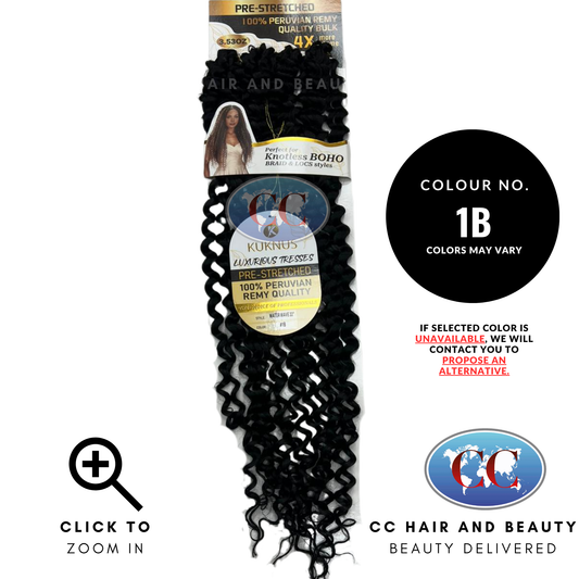Kuknus Luxurious Pre-Stretched 100% Peruvian Remy Quality - Water Wave Bulk Hair 22"- 1B