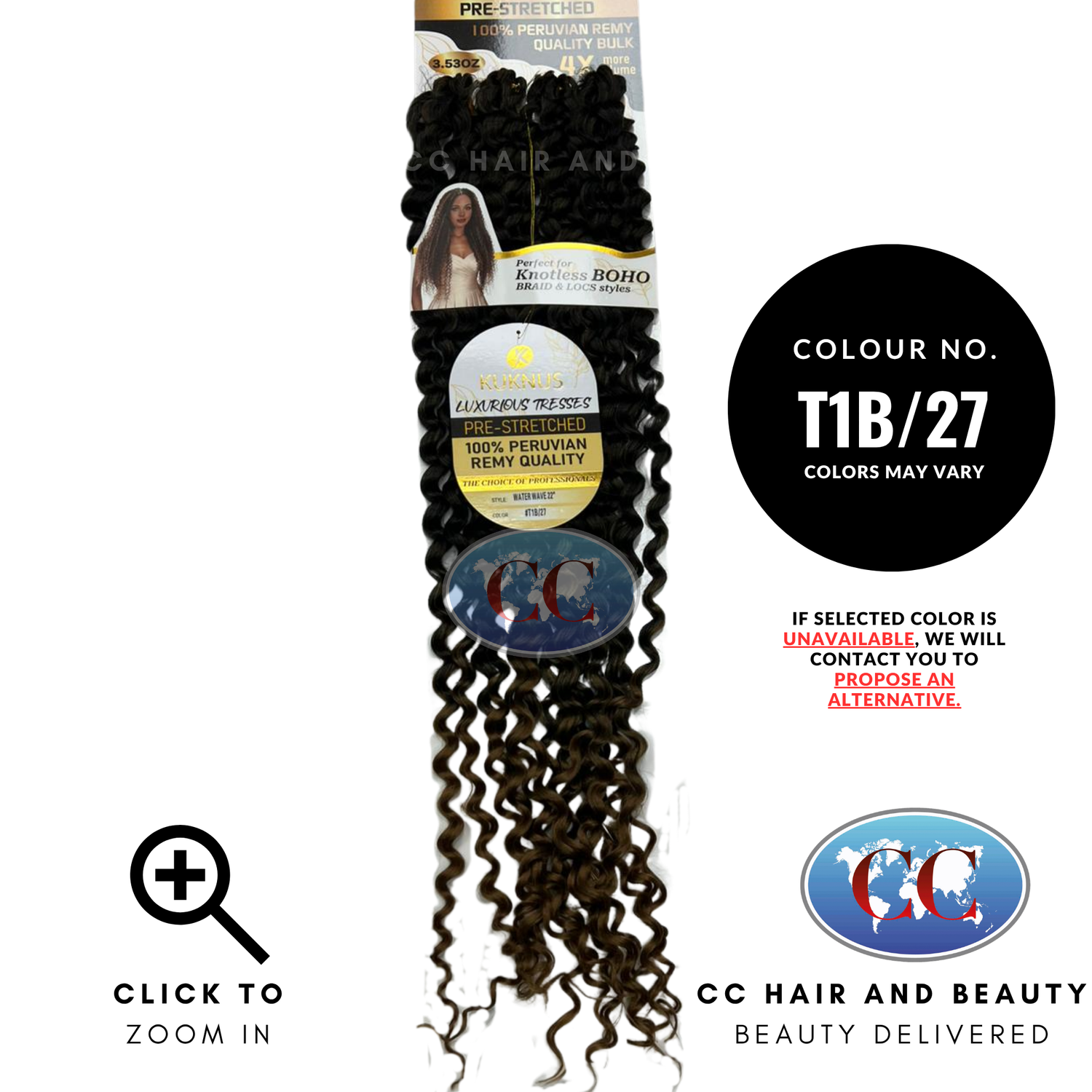Kuknus Luxurious Pre-Stretched 100% Peruvian Remy Quality - Water Wave Bulk Hair 22"- T1B/27