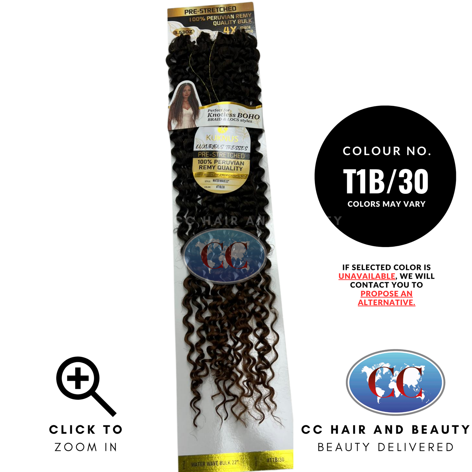 Kuknus Luxurious Pre-Stretched 100% Peruvian Remy Quality - Water Wave Bulk Hair 22"- T1B/30