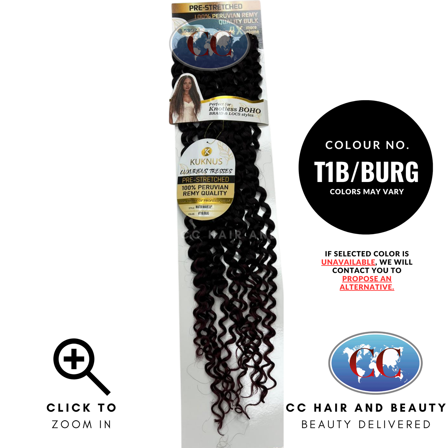 Kuknus Luxurious Pre-Stretched 100% Peruvian Remy Quality - Water Wave Bulk Hair 22"- T1B/BURG