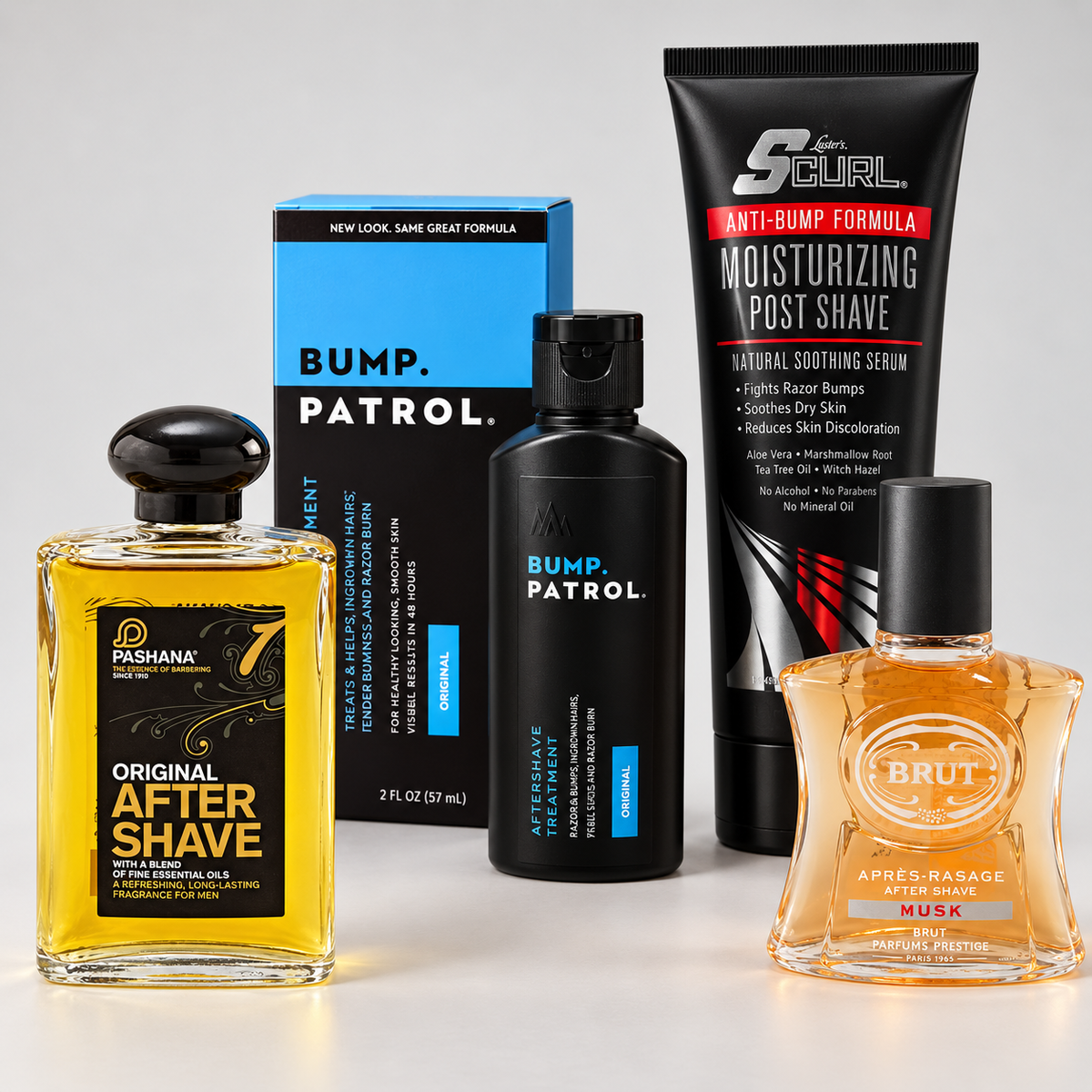 Pashana, Bump Patrol, S-Curl and Brut aftershave products arranged on a light studio background.