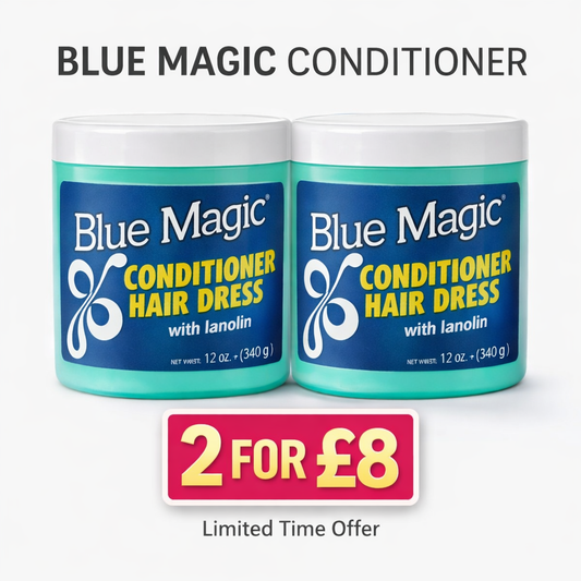 Two jars of Blue Magic Conditioner Hair Dress with a promotional offer on a white background.