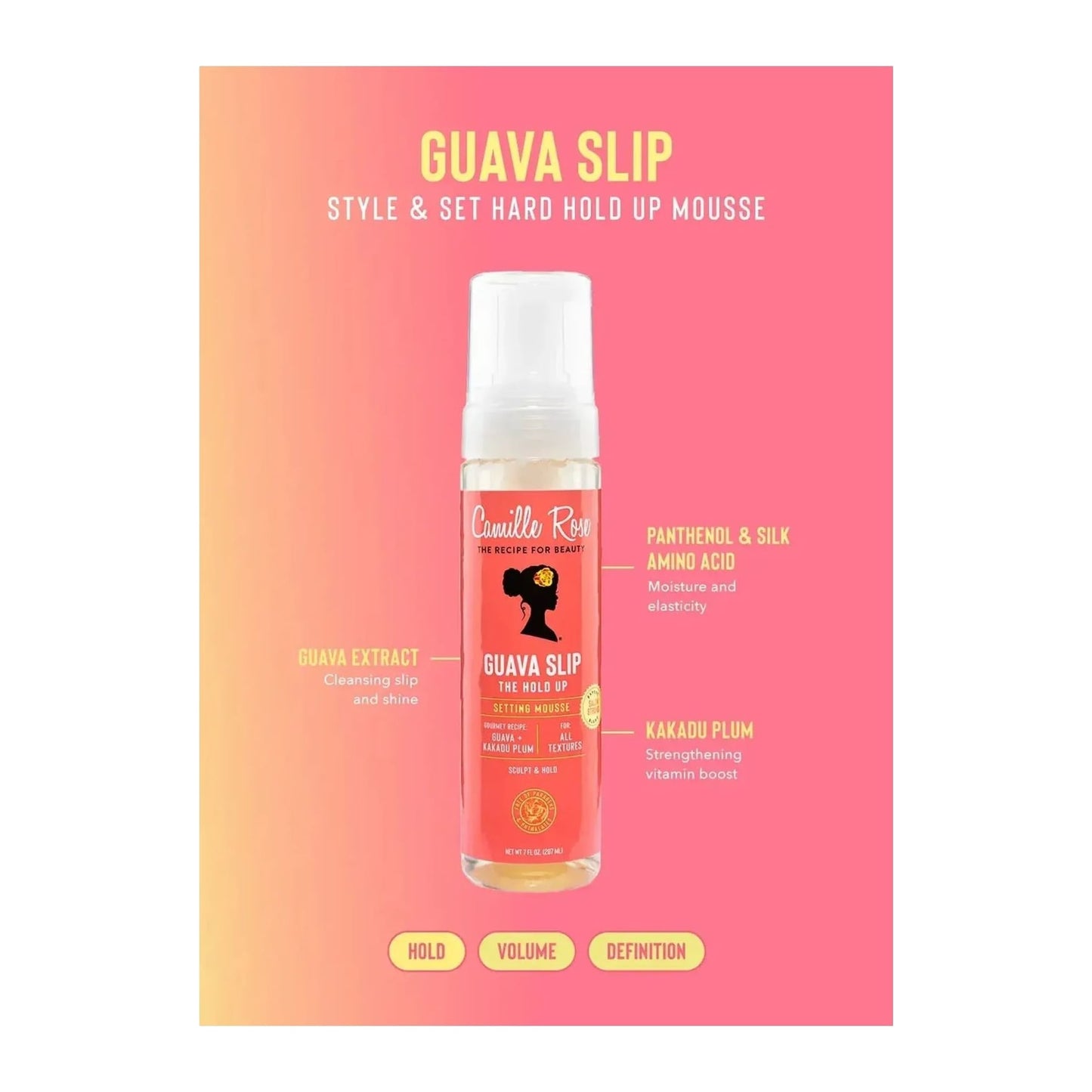 Camille Rose Guava Slip The Hold Up Setting Mousse 7oz curl-defining foam for curly and coily hair