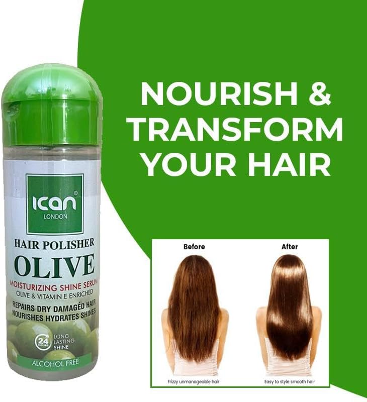 Ican London Hair Polisher Olive Moisturizing Shine Serum Alcohol Free 207ml