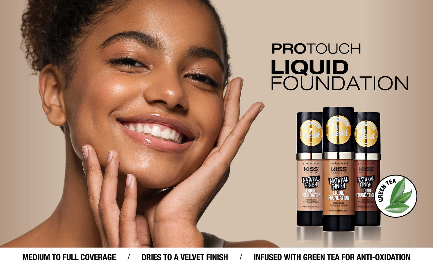 Advertisement for Protouch Liquid Foundation with a model applying foundation and product packaging.