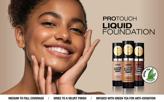 Advertisement for Protouch Liquid Foundation with a model applying foundation and product packaging.
