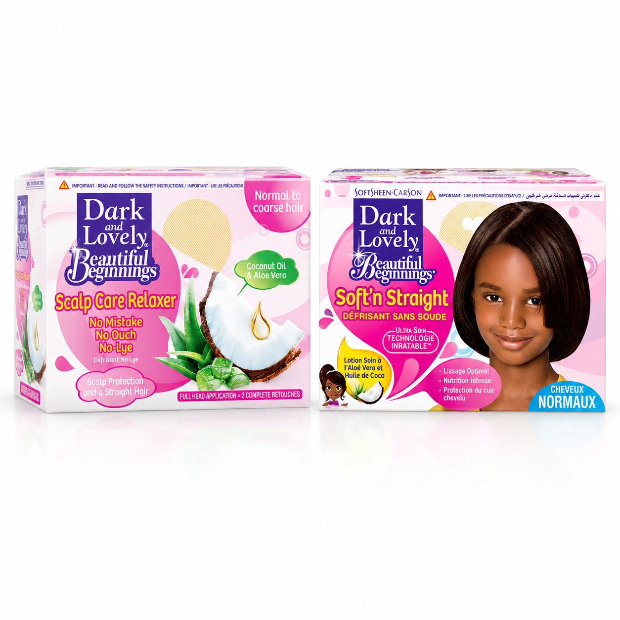 Two Dark and Lovely Beautiful Beginnings Normal relaxer packaging designs side by side on a white background.