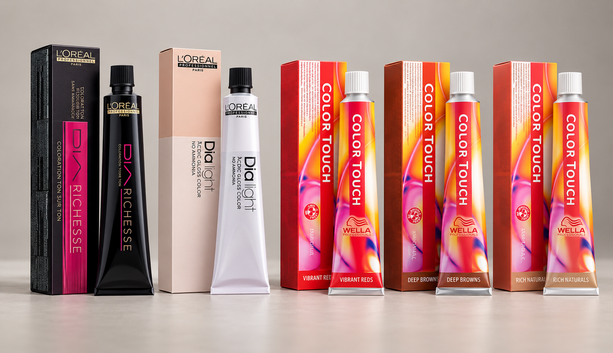 L’Oréal Dia Richesse, Dia Light and Wella Color Touch demi-permanent hair colour cartons and tubes.