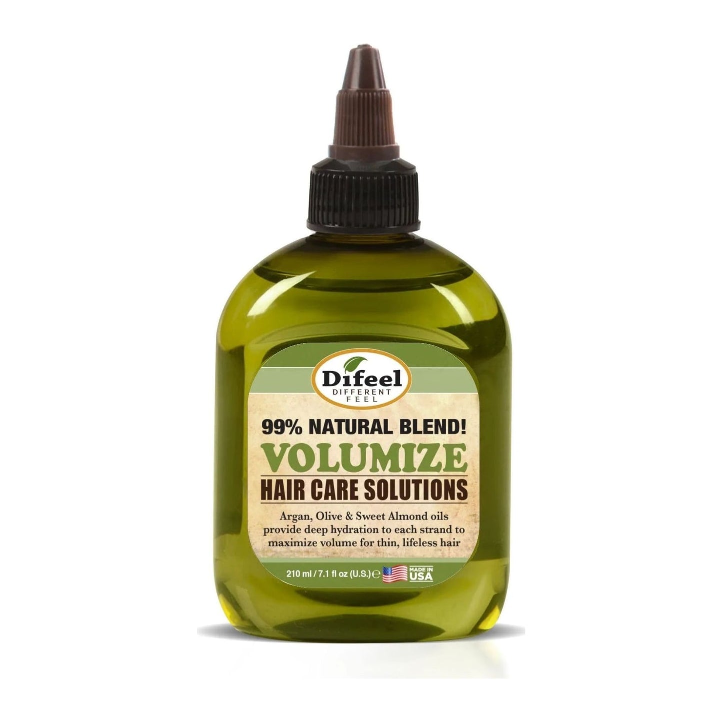 Difeel 99% Natural Volumize Hair Oil 7.1oz bottle with argan, olive and sweet almond oils