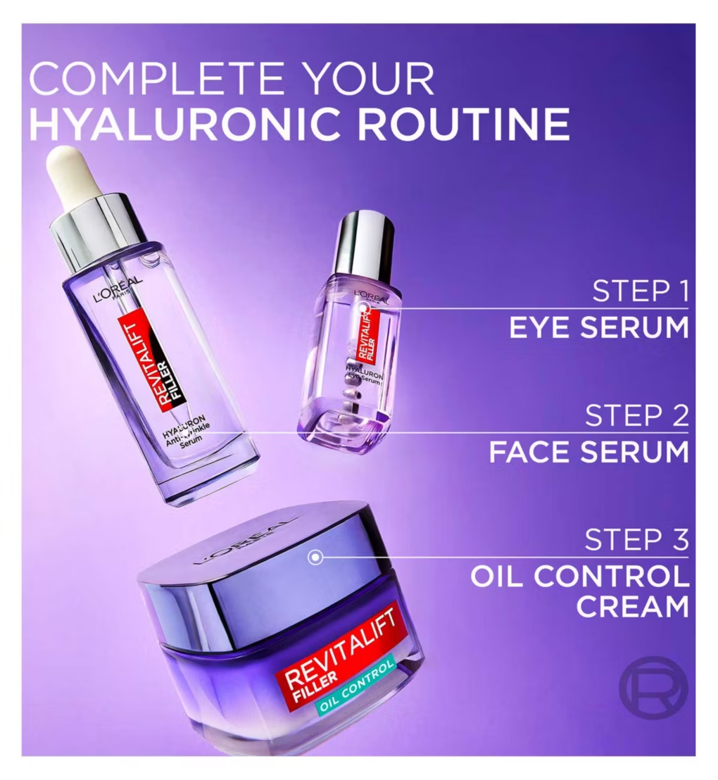 L'Oréal Paris Revitalift Filler 8H Oil Control Hyaluronic Gel Cream Instantly Replumps & Actively Regulate Sebum 50ml