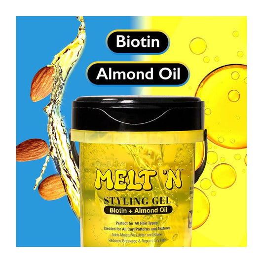 EBIN New York Melt'n Styling Gel with biotin and almond oil in a 16oz tub