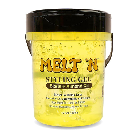 EBIN New York Melt'n Styling Gel with biotin and almond oil in a 16oz tub