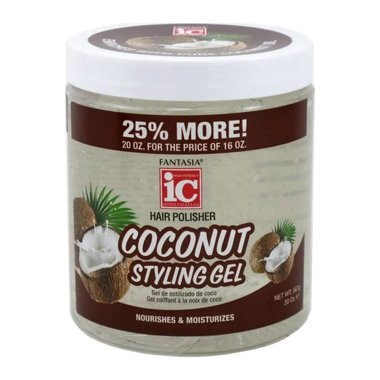 IC Fantasia Coconut Styling Gel 20oz tub for flexible hold on afro and natural hair