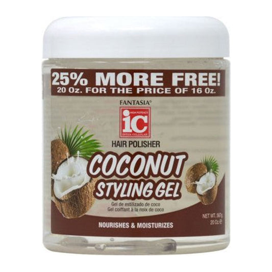 IC Fantasia Coconut Styling Gel 20oz tub for flexible hold on afro and natural hair