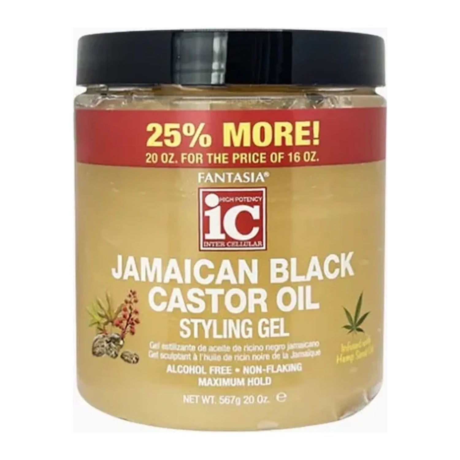 IC Fantasia Jamaican Black Castor Oil Styling Gel 20oz tub with organic hemp seed oil