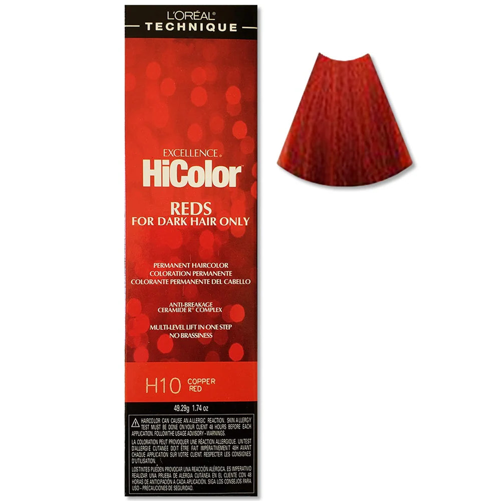 L'Oreal HiColor hair dye packaging for dark hair with a red color swatch.