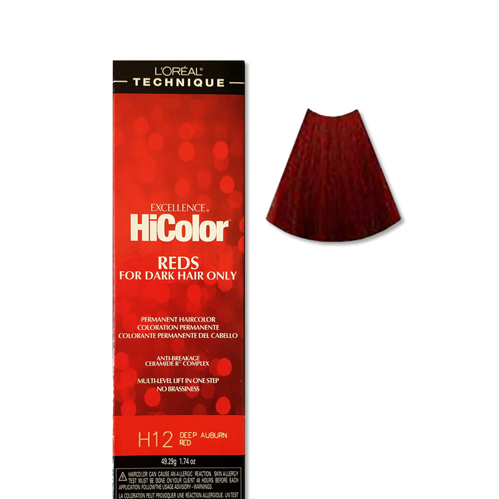 L'Oreal HiColor hair dye box for dark hair with a color swatch on a white background