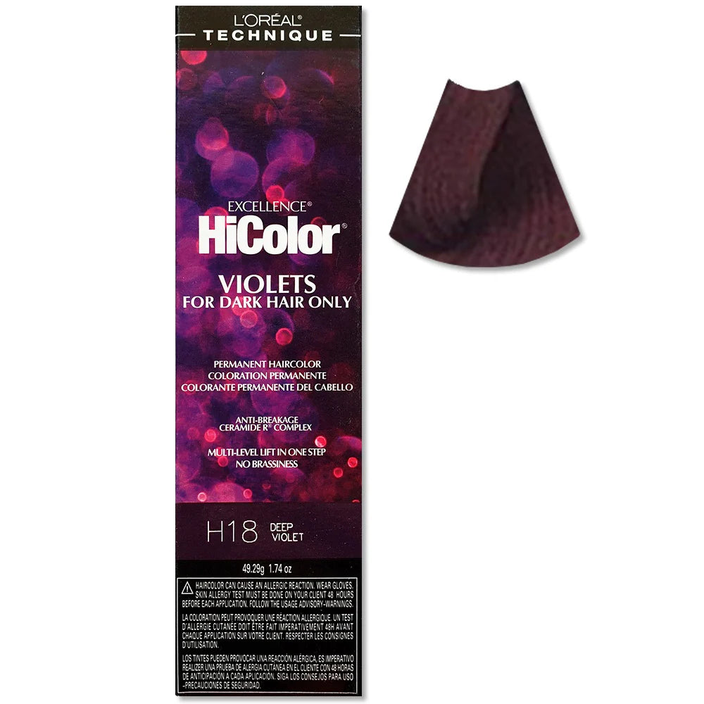 L'Oreal Technique HiColor hair color packaging with a deep violet swatch on a white background