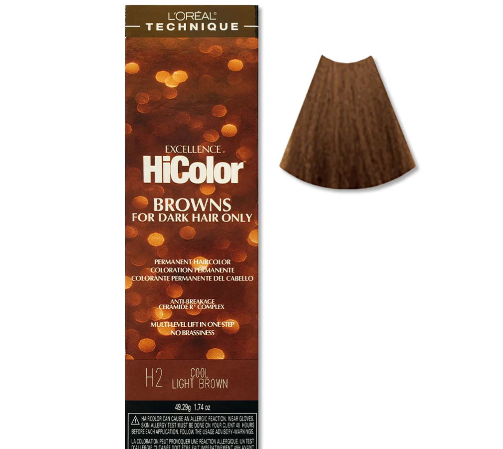 L'Oreal HiColor hair color packaging for dark hair with a brown swatch on a white background