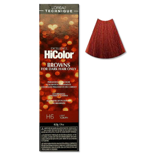 L'Oreal HiColor hair dye box for dark hair with a sample color swatch on a white background