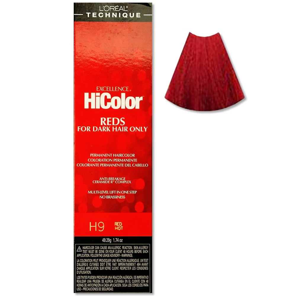 L'Oreal HiColor hair dye packaging with a red color swatch on a white background