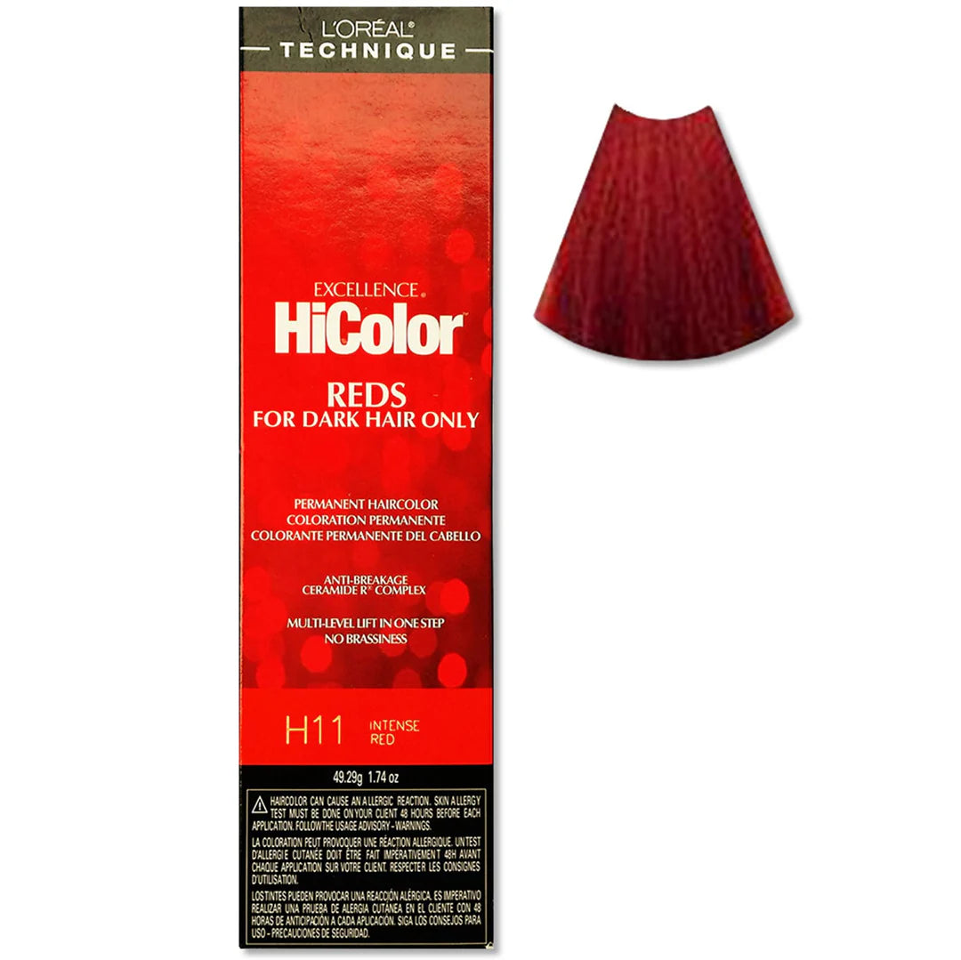 L'Oreal HiColor hair dye for dark hair with a sample swatch on a white background