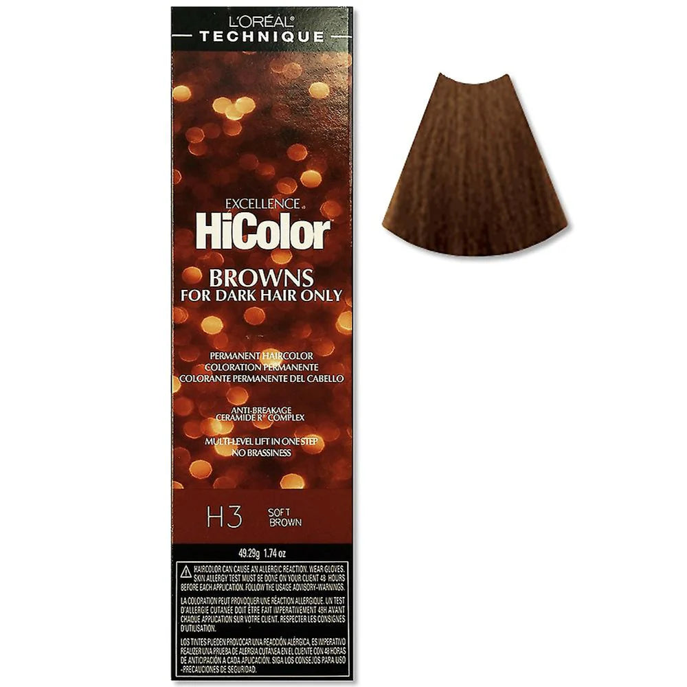 L'Oreal HiColor hair dye packaging for dark hair with a brown color swatch.