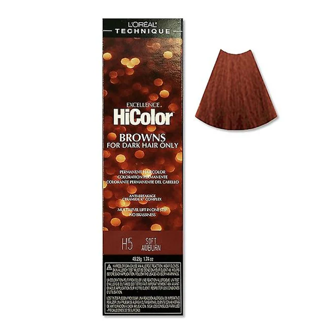 L'Oreal HiColor hair color packaging for dark hair with a sample swatch on a white background