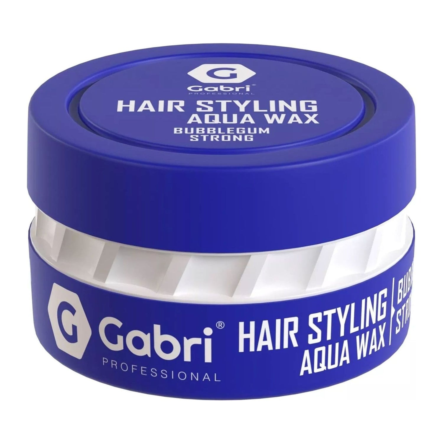 Gabri Professional Strong Hold Hair Gel Wax in Bubblegum, 150ml blue gel in a black and silver tub