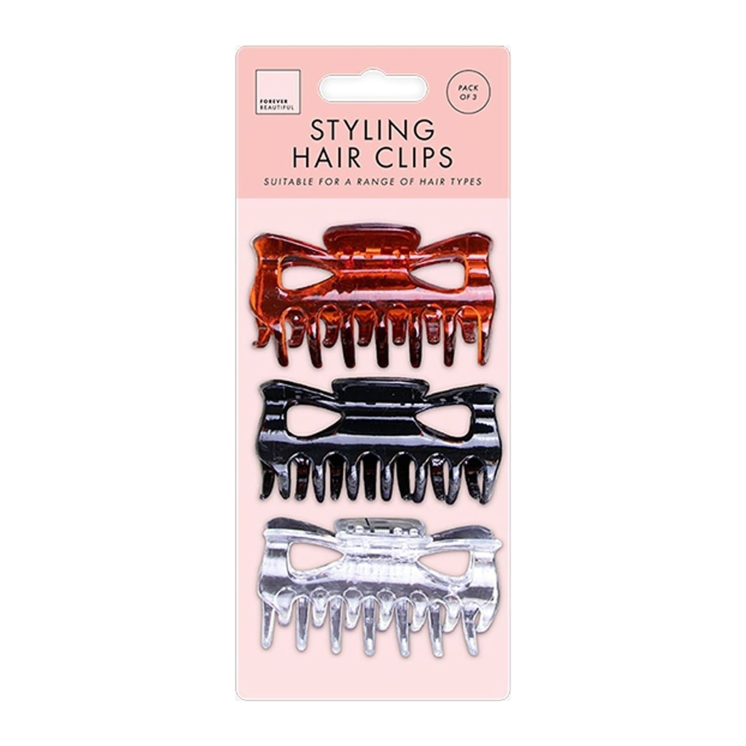 Jones & Co claw styling hair clips 3 pack in black, brown and clear on backing card