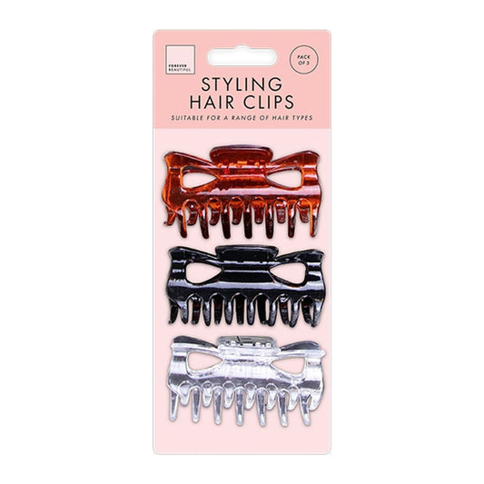 Jones & Co claw styling hair clips 3 pack in black, brown and clear on backing card