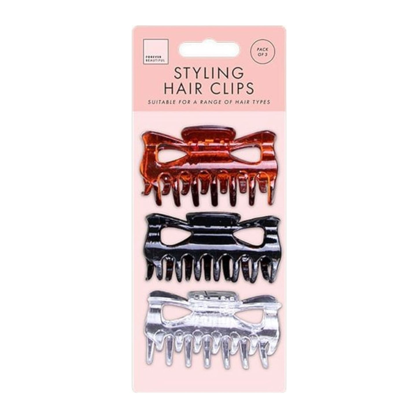 Jones & Co claw styling hair clips 3 pack in black, brown and clear on backing card