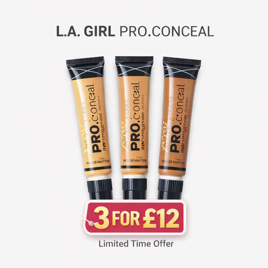 Three L.A. Girl Pro.Conceal tubes with a promotional offer on a white background