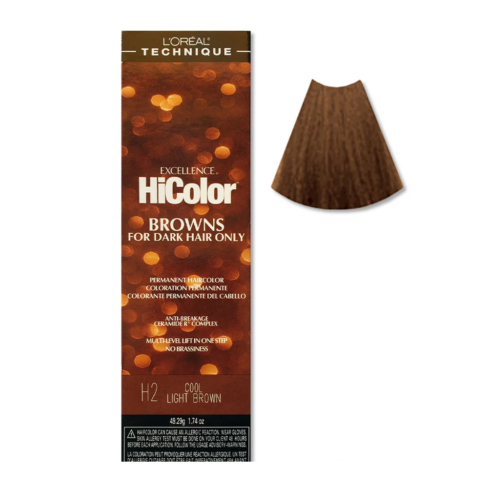 L'Oreal HiColor hair color packaging for dark hair with a brown swatch on a white background