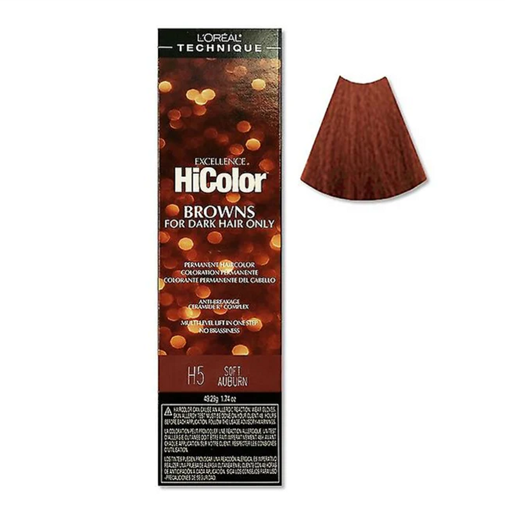 L'Oreal HiColor hair color packaging for dark hair with a sample swatch on a white background