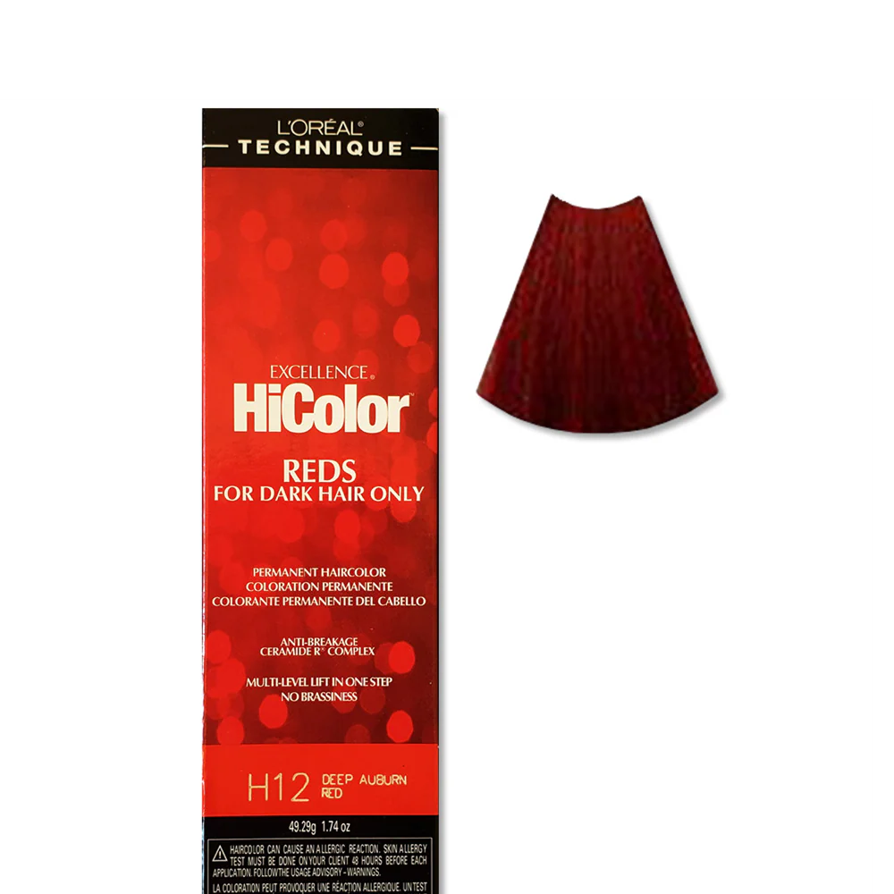 L'Oreal HiColor hair dye box for dark hair with a color swatch on a white background