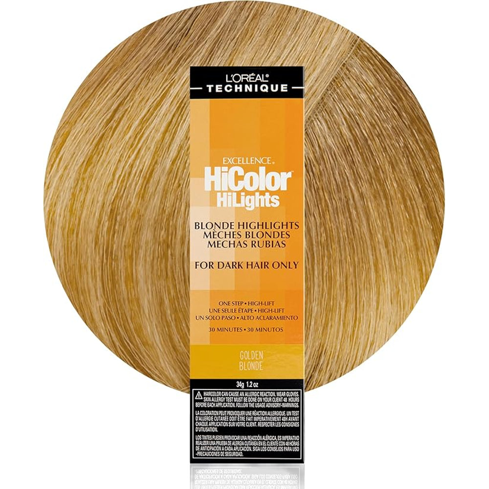 L'Oreal Technique Excellence HiColor Highlights packaging with blonde hair strands on a white background