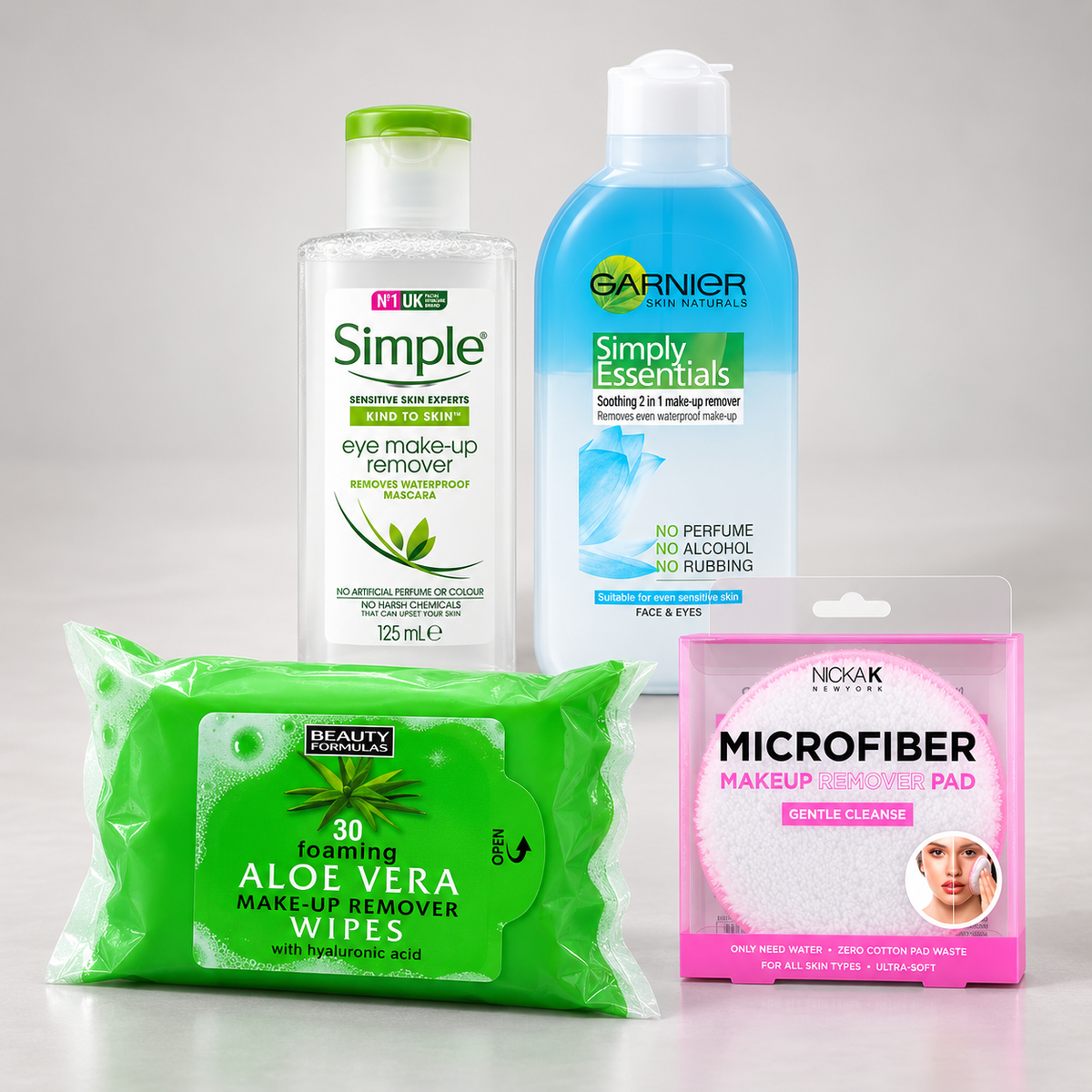 Simple and Garnier makeup removers with Beauty Formulas Aloe Vera wipes and a Nicka K microfiber remover pad.